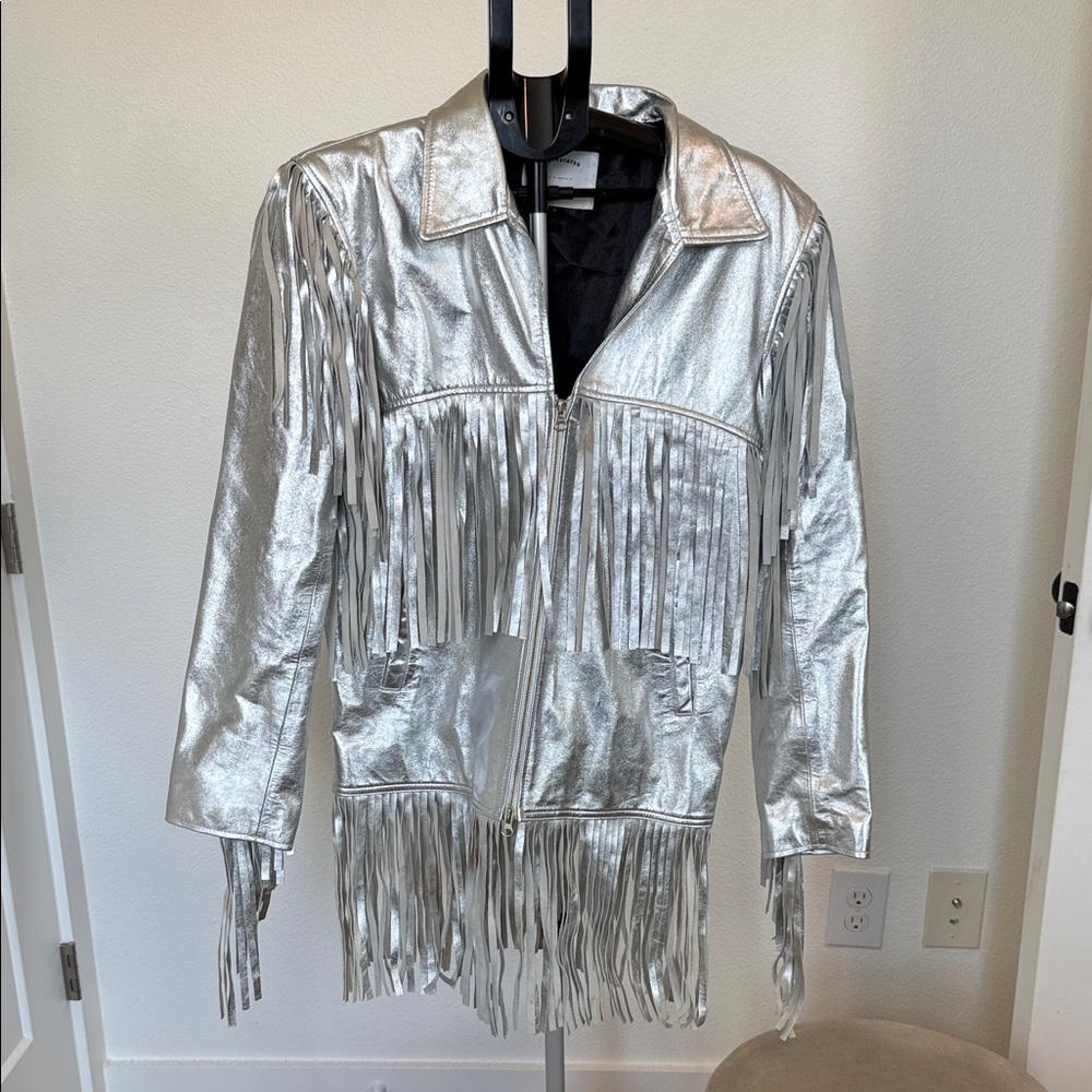 Women's Silver Fringe Leather Jacket - Metallic Fringe Zip Front